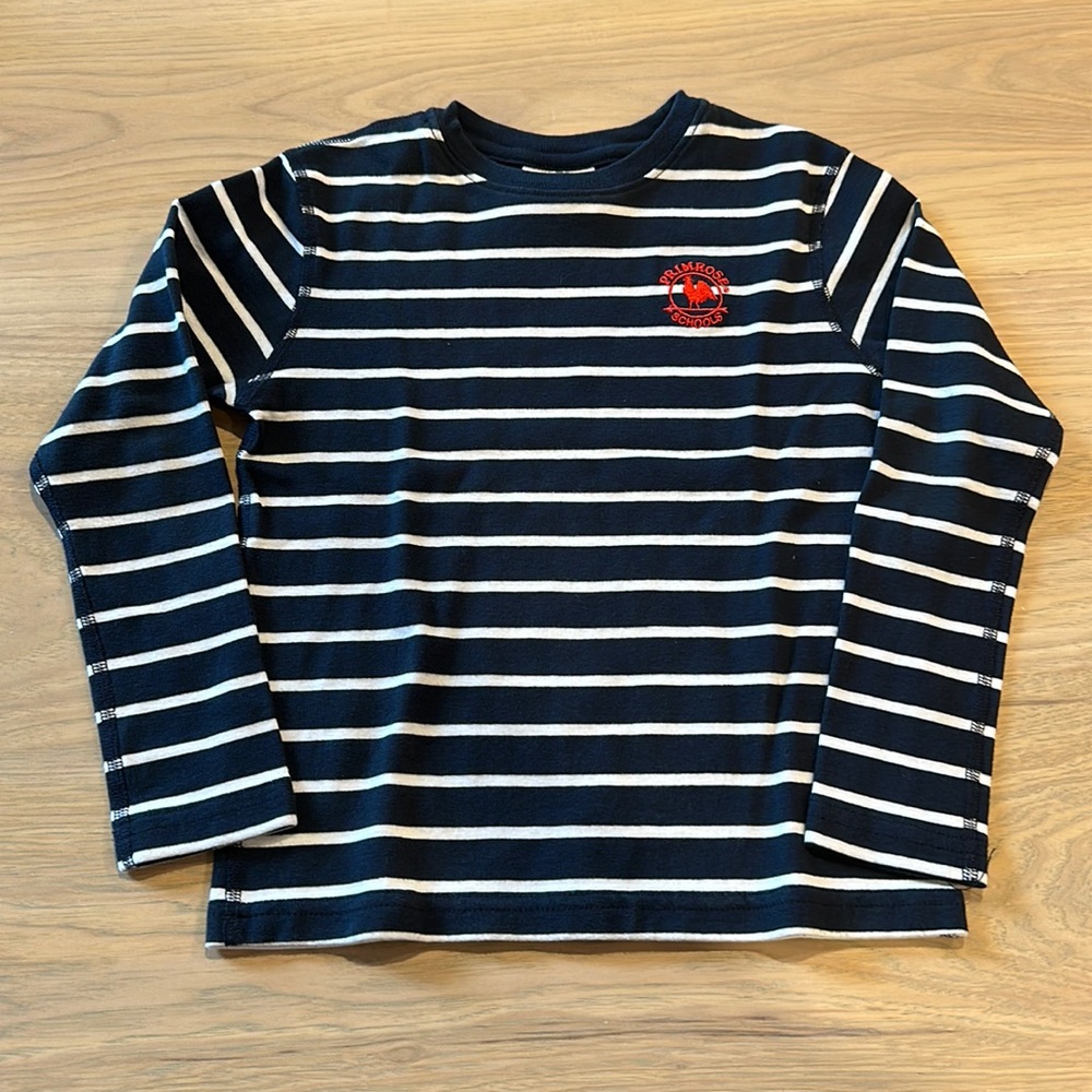 Navy & White Stripe Long-Sleeve Kids Tee - Red Crest Detail